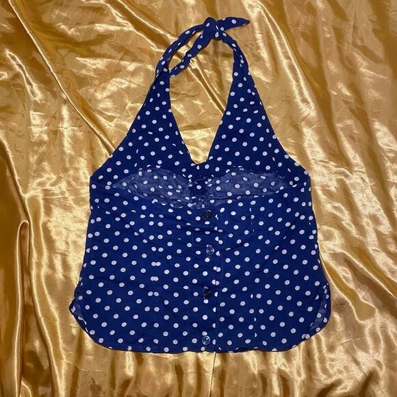Blue and White Polka Dot Halter Neck Backless Tank Top - Picture 3 of 5